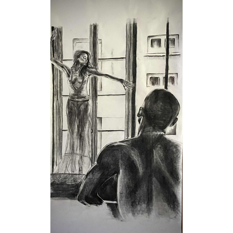 Homme regardant une danseuse devant la fenêtre Homme regardant une danseuse devant la fenêtre