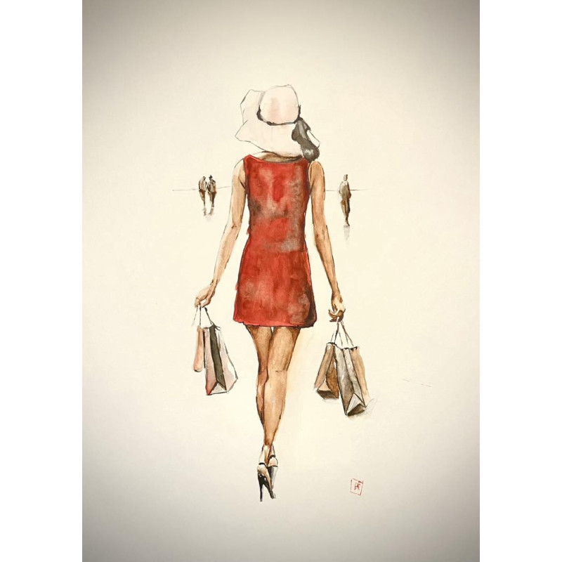 Retour de shopping, robe rouge