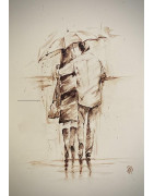 Couple de dos, sous la pluie
